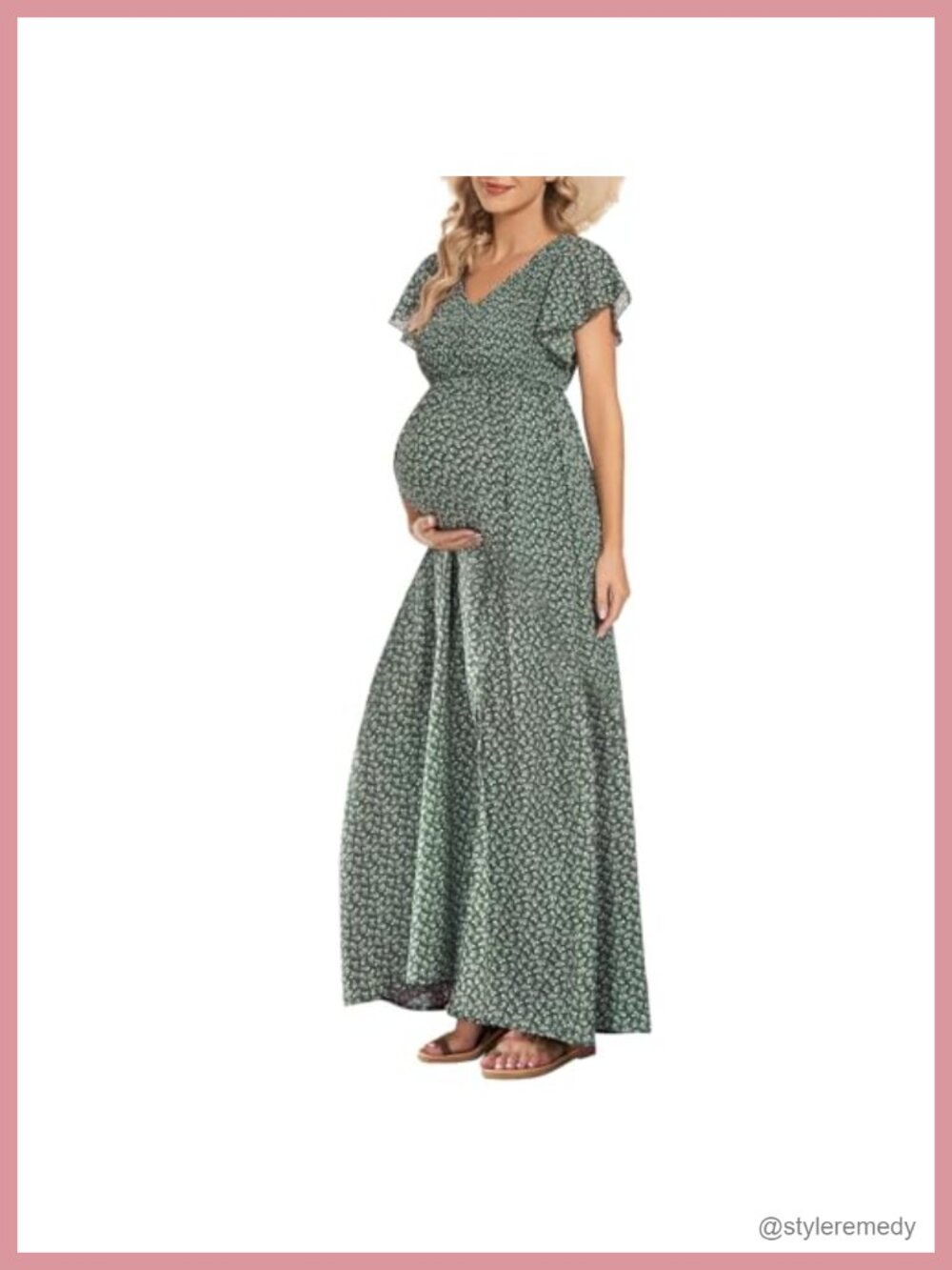 Floral Chiffon Maternity Maxi Dress Smocked Flutter Sleeve Baby Shower